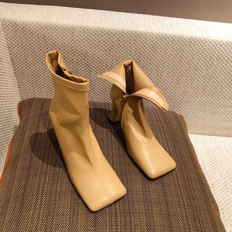 Women Soft Leather Sock Boots Square Toe Beige Yellow 6cm High Heels Ankle Boots Elastic Chelsea Boots Shoes Botas Mujer