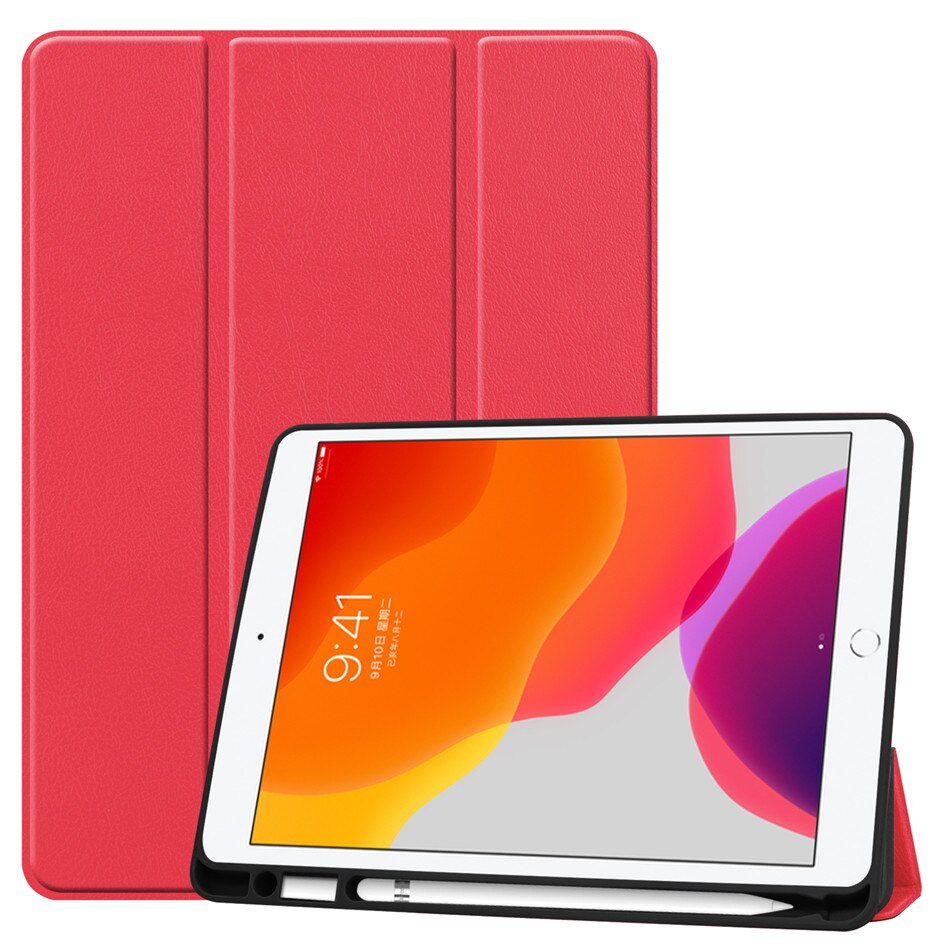 For iPad 7th 10.2" Case A2198 With Pencil Holder Stand Cover For iPad 10.2 Case Auto Sleep / Wake+Screen Protector+pen: Red