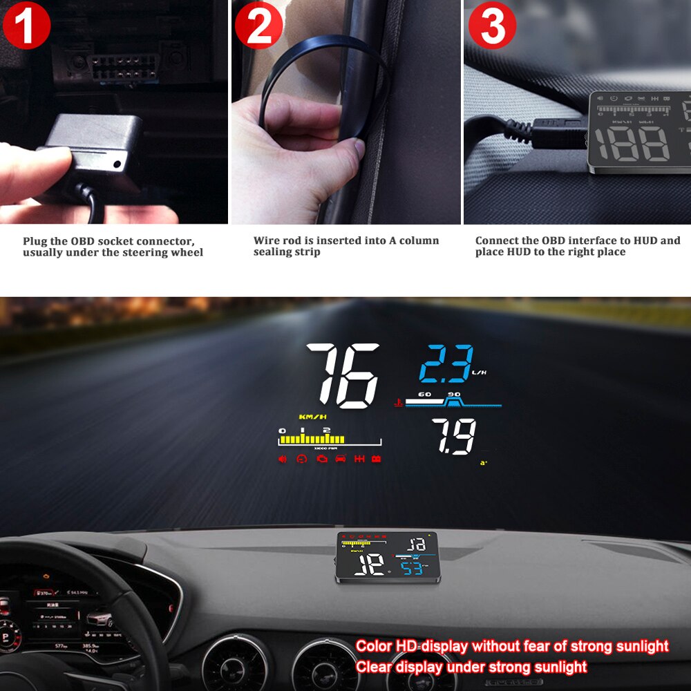 D5000 M3 Car Head Up Display OBD2 Diagnostic Tool HUD Display Digital Security Alarm Speedometer Windshield Screen Projector