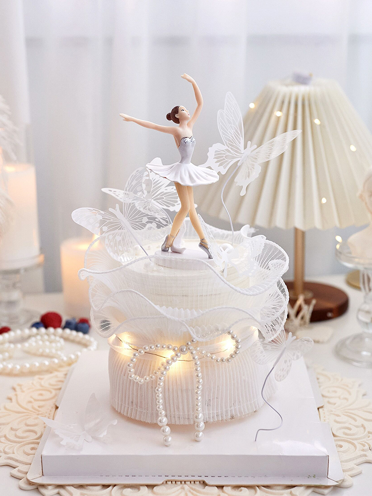 White Pink Ballet Girls Decoration Hook Flower Happy Birthday Cake Topper Wedding Bride for Party Supplies Baking Love