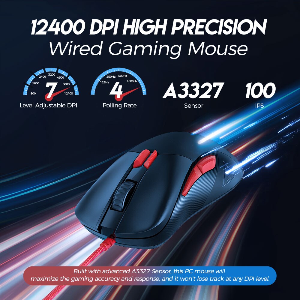 EKSA – souris de jeu EM500 RGB, 12400 DPI, 1000Hz, légère, filaire, USB, 8 boutons programmables, pour ordinateur PC et portable