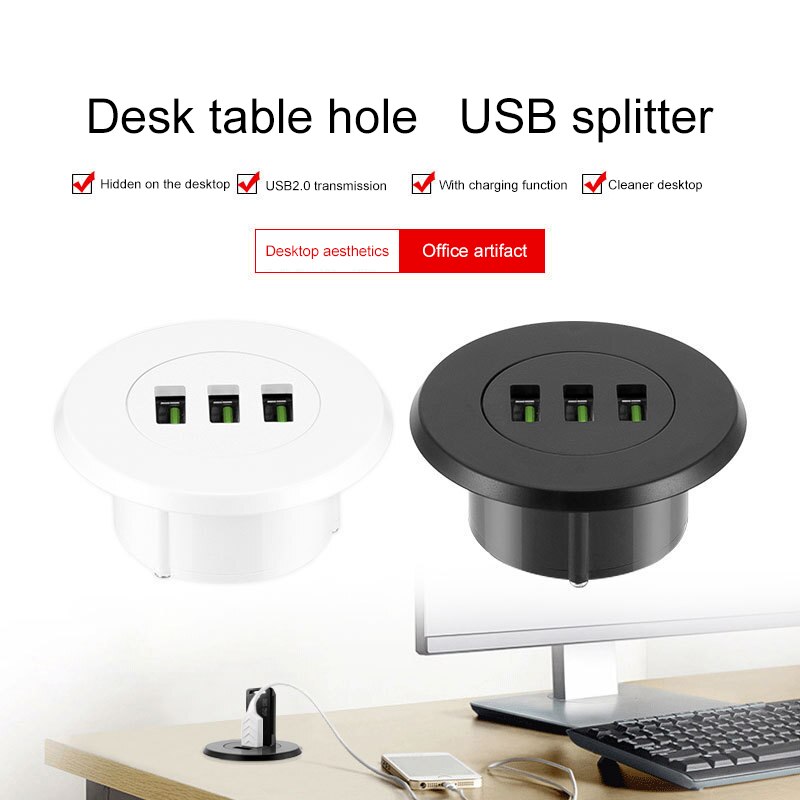 3 Ports USB 2.0 Hub Desktop Embedded USB Converter For Laptop PC Computer 50mm Grommet Hole In-Desk Mounting USB 2.0 Splitter