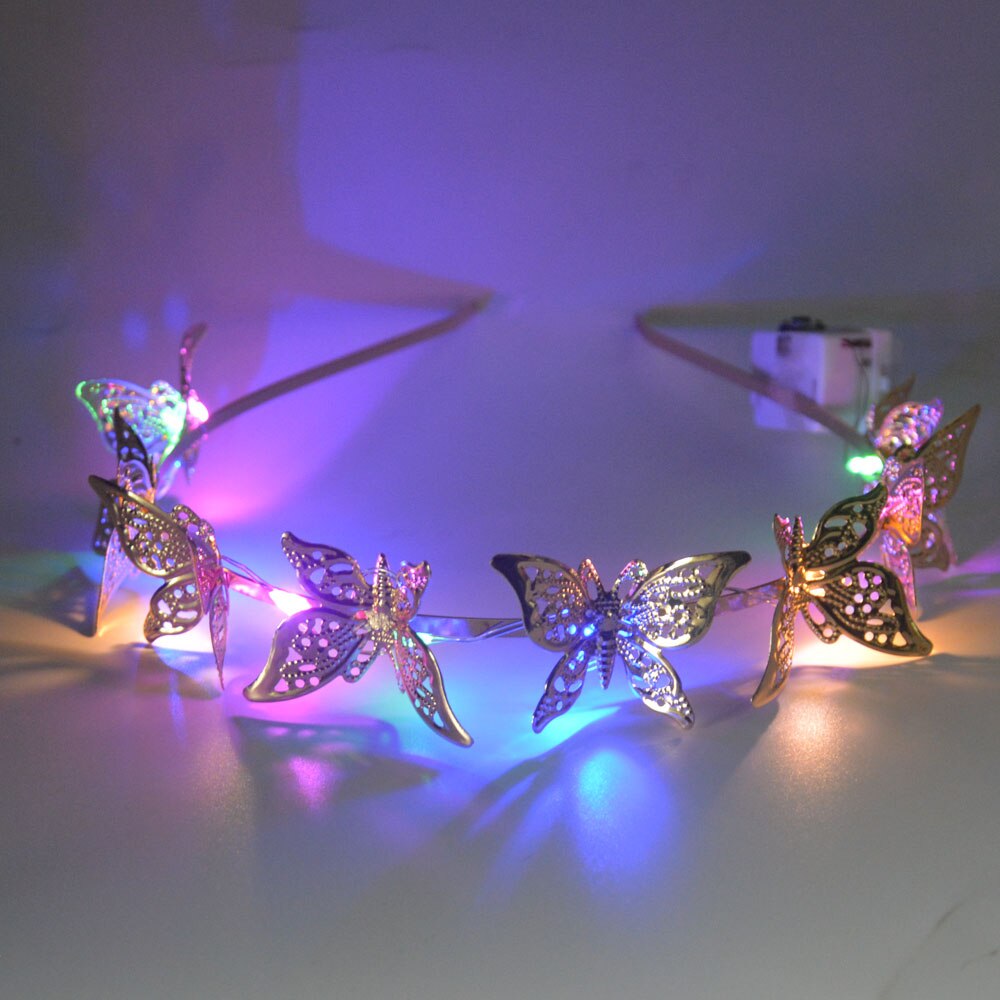 LED Light Up Blinking Butterfly Headband Hollow Metal Hairband Alloy Tiara Headpiece Hair Accessories for Women Girls Gold