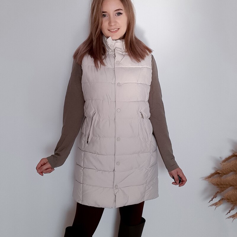 Zus Fara Herfst Winter Stand Kraag Lange Vest Vrouwen Bodywarm Katoen Gewatteerde Winddicht Warm Vest Vrouwelijke Effen Losse Vest