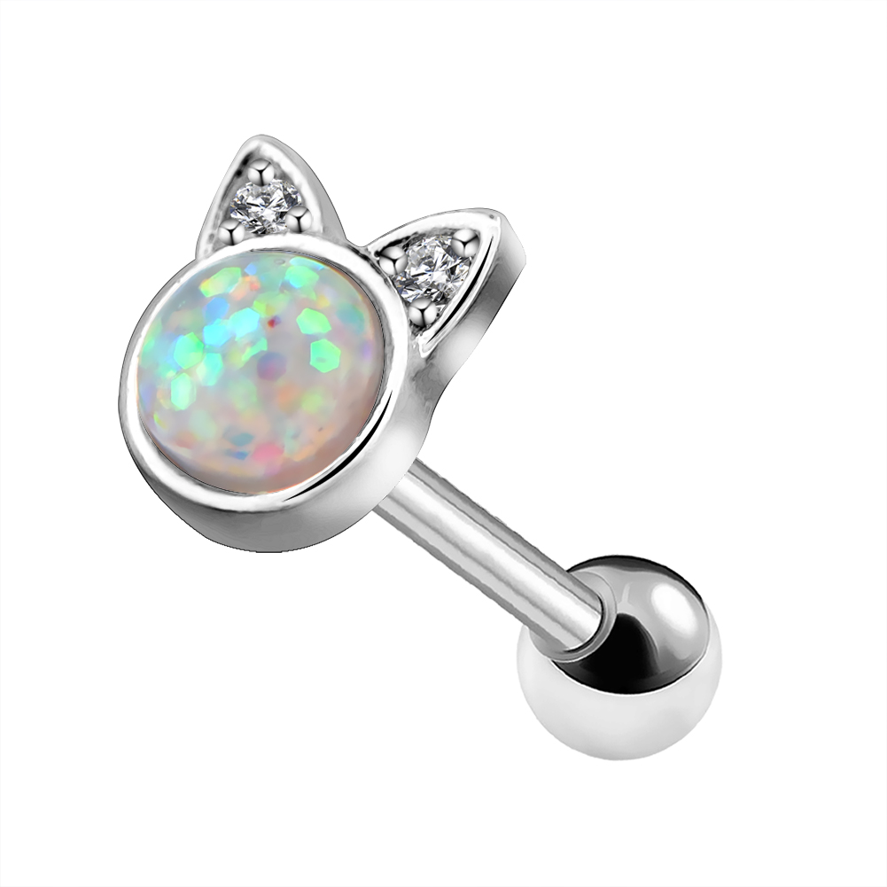 Body Punk 16g Cute Cat Cartilage Earring Opal Center Tragus Helix Stud Conch Rings Body Piercing Earring: silver