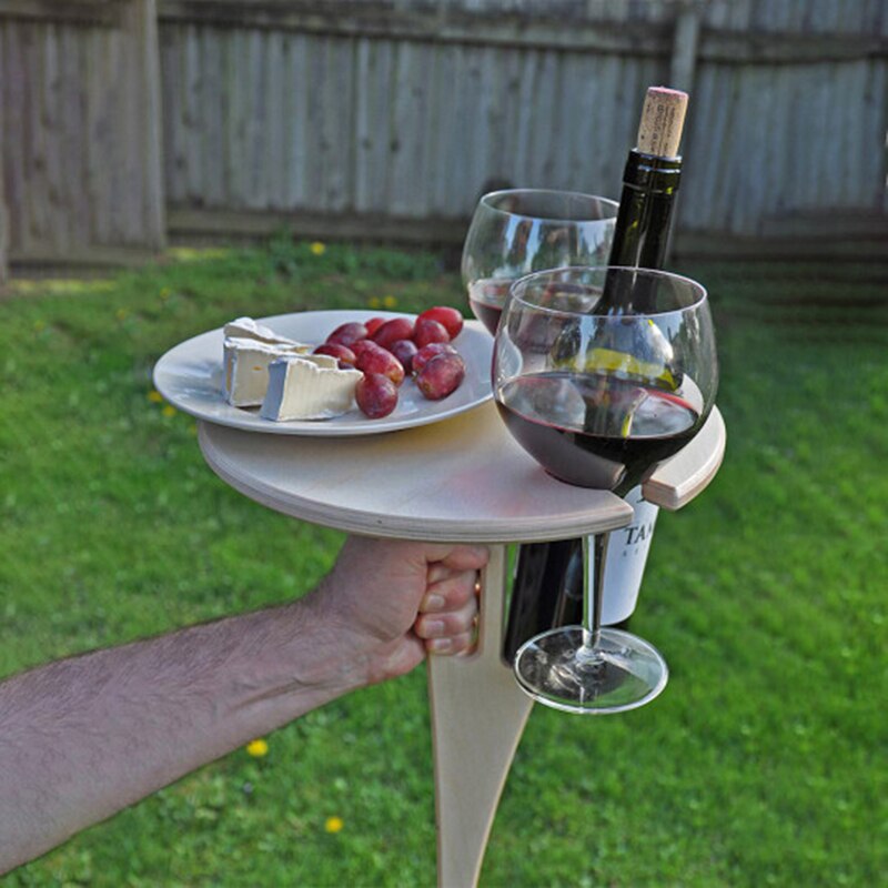 Outdoor Wine Table with Foldable Round Desktop Mini Wooden Picnic Table Easy To Carry Wine Rack