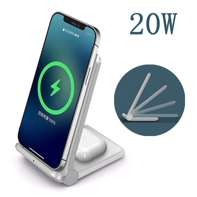 FDGAO 20W Faltbare Qi Drahtlose Ladegerät Für iPhone 12 11 8 X XR XS Samsung S21 S20 Schnelle Lade dock für Galaxy Knospen Airpods Pro: 20W  2 in 1 White