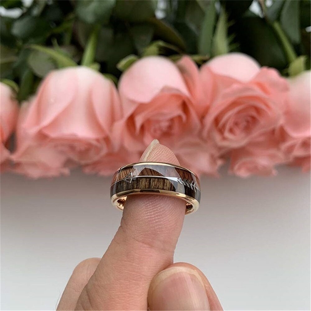 8mm Luxury Carbide Stainless Steel Rings for Women Wood Inlay Arrow Wedding Engagement Ring Men Party Jewelry