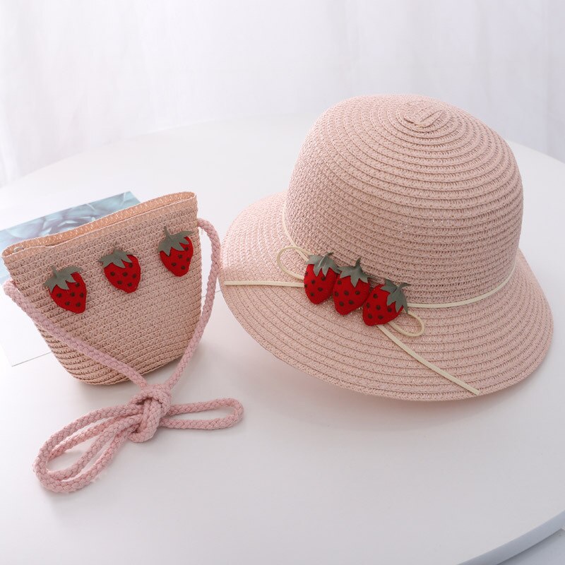 Zomer Kind Prinses Leuke Cartoon Stro Hoed Met Handtassen Tassen 2 Stuks Een Set Kids Meisje Baby Boog Plaid panama Zonnehoed: Strawberry  D