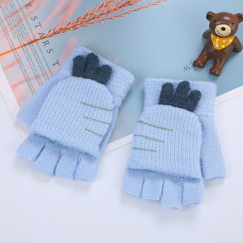 Winter children boys and girls wool gloves 1-5 years old children's knitted half-finger clamshell children's warm and cute 2ST5: bule
