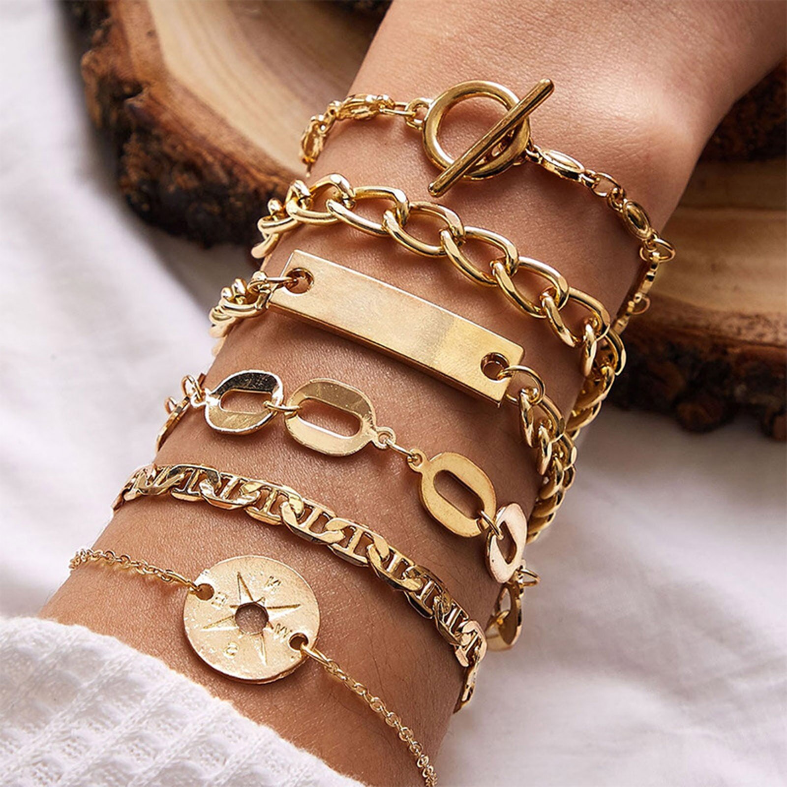 6Pcs Vrouwen Ketting Armbanden Goud Kleur Geometrische Kompas Charms Punk Stijl Armbanden Voor Vrouwen Partij Sieraden