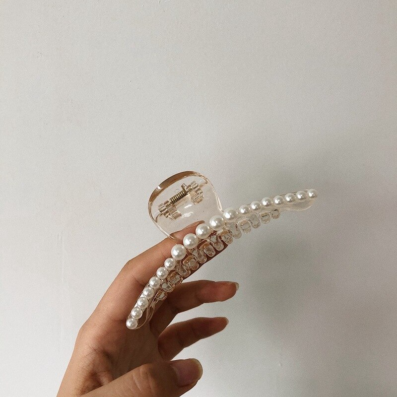 AOMU Exaggerated Large C-shaped Pearl Acrylic Hair Claws Moon-shaped Grab Retro Hair Ponytail Cilps for Women Accessories: B 10CM