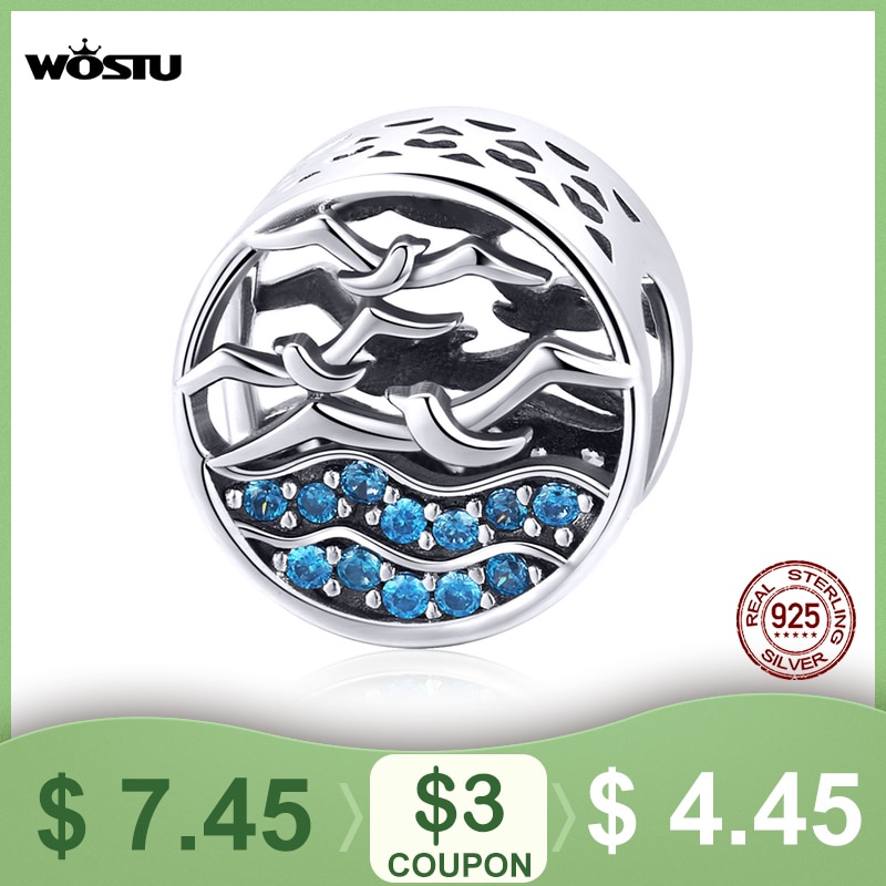 WOSTU Möwen Charme 925 Sterling Silber Blau Zirkon Runde Perlen Anhänger Fit Original Armband Halskette Schmuck CQC1454