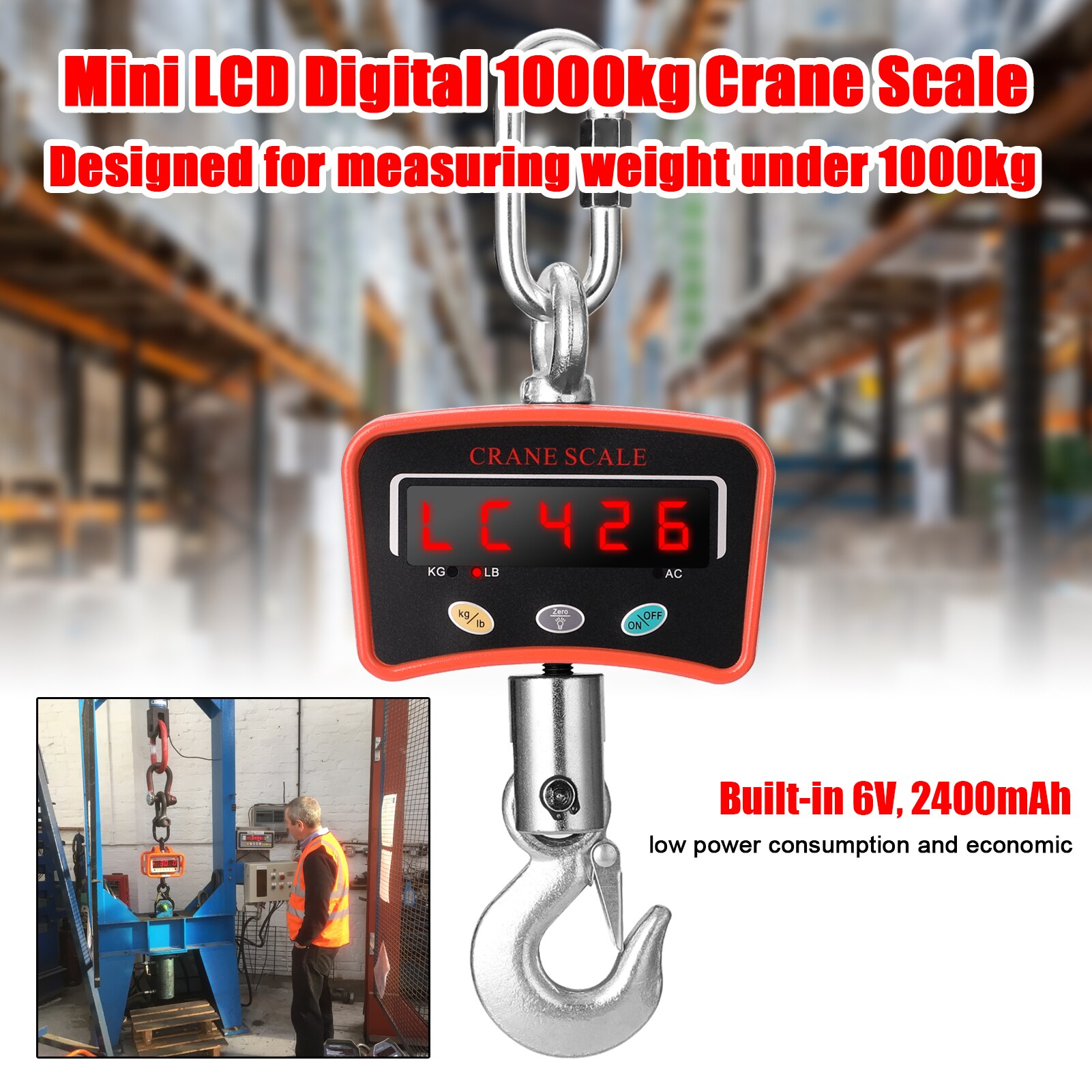 Mini LCD Digital 1000kg Crane Scale Portable Industrial Electronic Heavy Duty Weight Hook-Hanging Scale Crane Scale 3 Colors