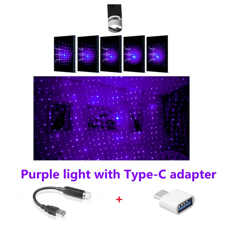 Kebidu-Mini proyector de estrellas LED USB, lámpara ambiental Universal para techo de coche, luz Interior, decoración automática, lámpara de galaxia nocturna: Purple type c