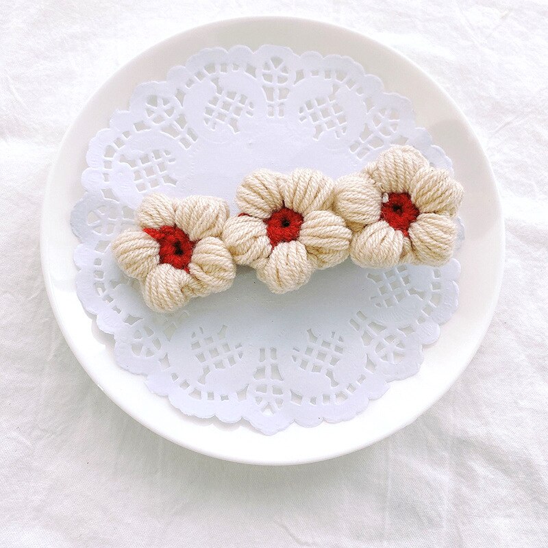 Horquillas con lazo de flores para bebé, pinzas para el pelo de lana tejidas a mano, accesorios para el cabello de niña pequeña, accesorios para el invierno: 2