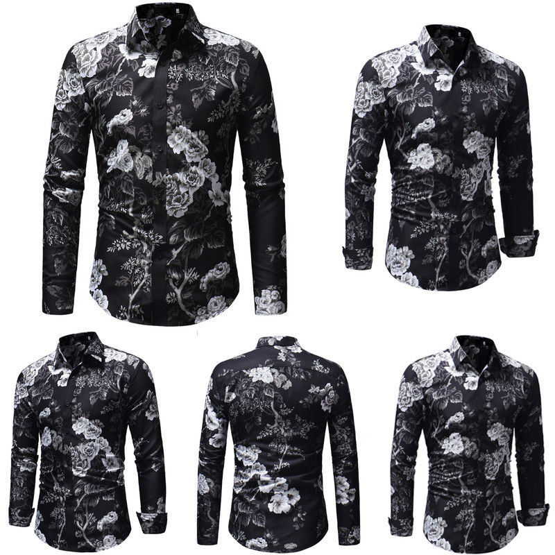 Mens Slim Fit Floral Shirt Casual Long Sleeve Dress Shirts Luxury Tops