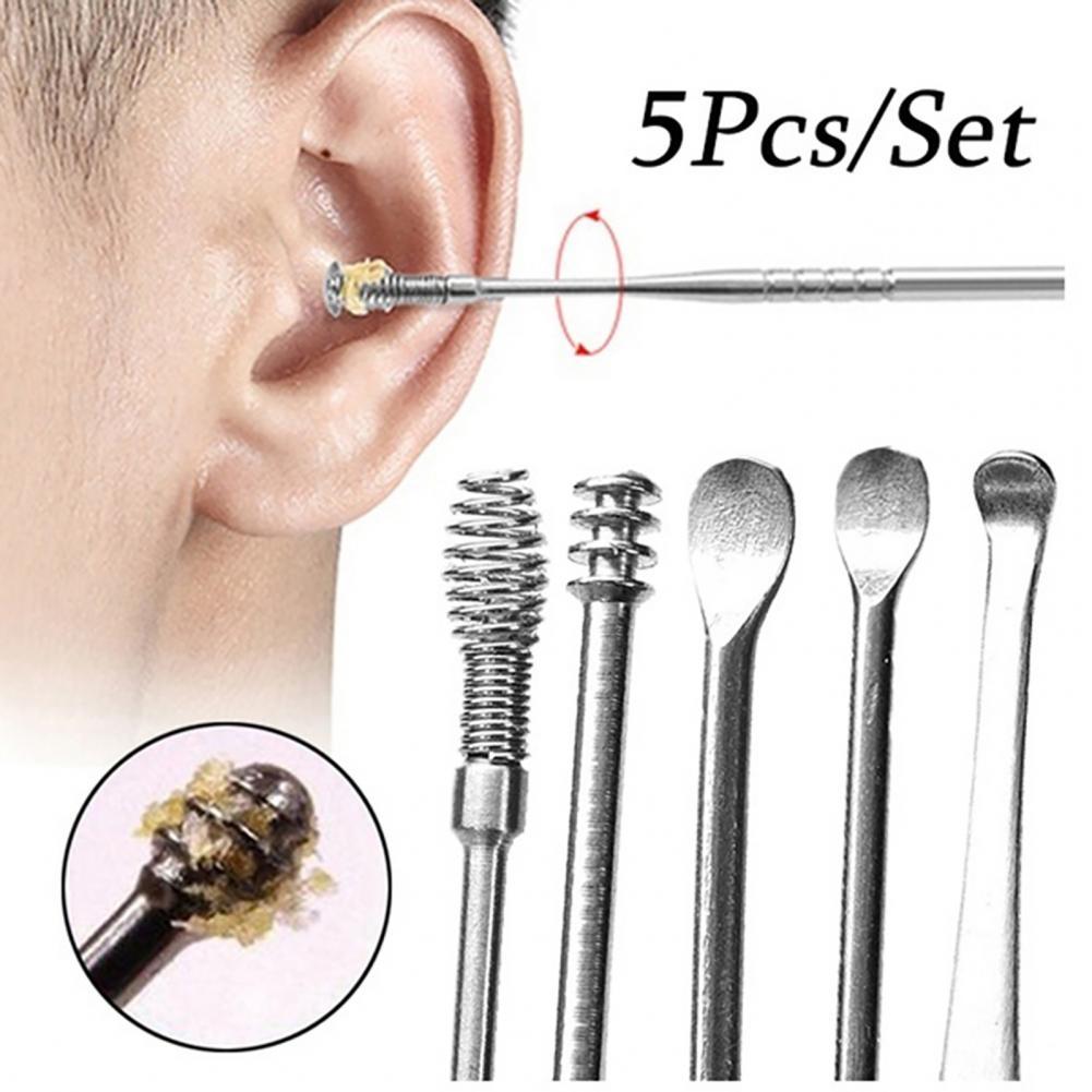 🔥Cure-oreille en acier inoxydable, 5 pièces, cure-oreille, dissolvant, Curette, nettoyeur, soins, cuillère, outil de nettoyage des oreilles