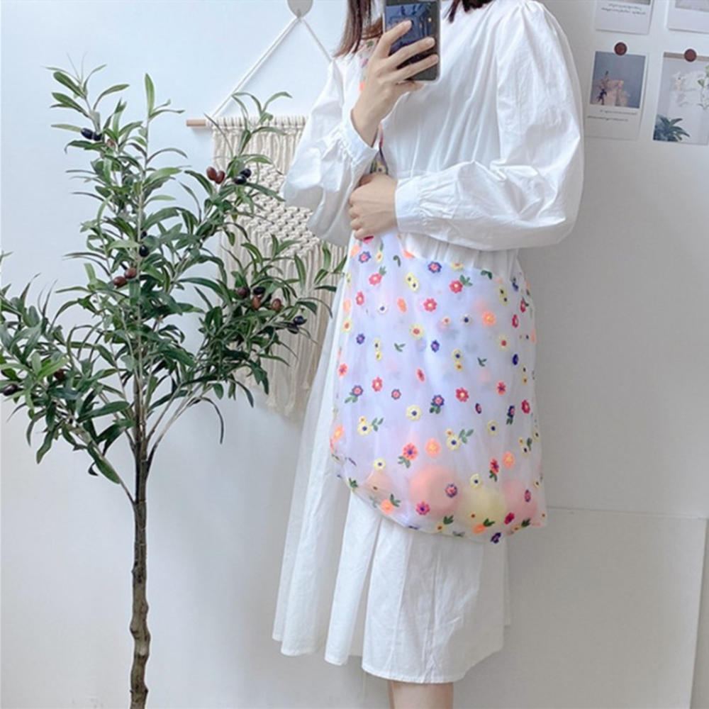 Women Embroidered Light Clear Organza Tote Messenger Shoulder Bags Female Eco Fruit Bag For Girls