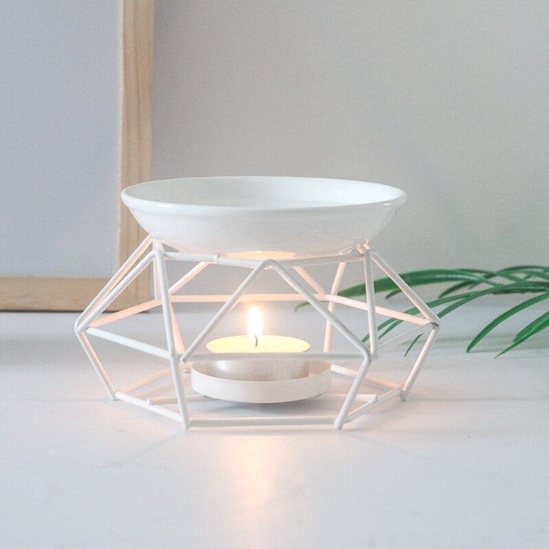 Metal Aromatic Oil Burner Geometric Frame Ceramic Essential Oil Tealight Candle Holder Wax Melt Warmer Melter Aroma Lamp 85DA