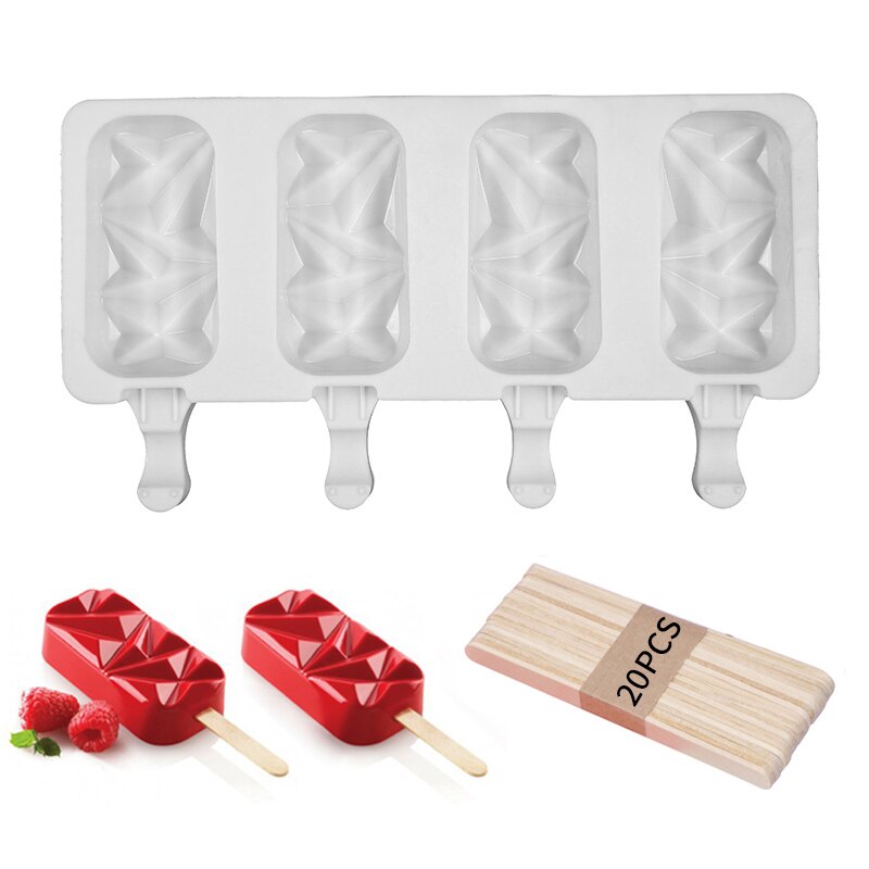 4 Cell Silicone Ice Cream Mould Diy Mold Ice Cube Tray Barrel Dessert Ice Cream Mold With Popsicle Sticks and Bags: 25.6x14.5x2.6cm-B