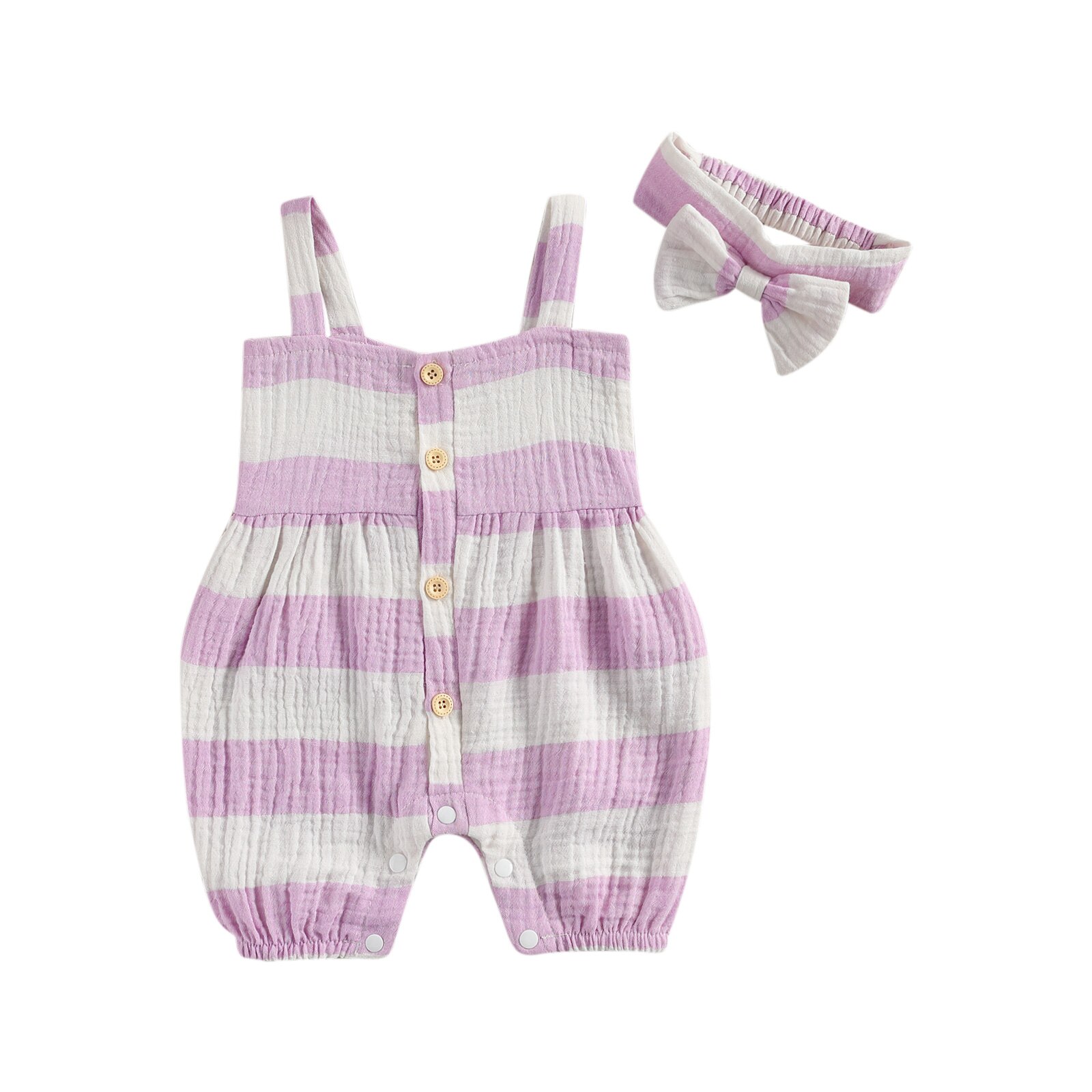 Zomer Mooie Baby Meisjes Jongens Rompertjes Gestreepte Print Mouwloze Knop Jumpsuits Hoofdband 0-24M 2 Kleuren Populaire Outfits: Paars / 6m