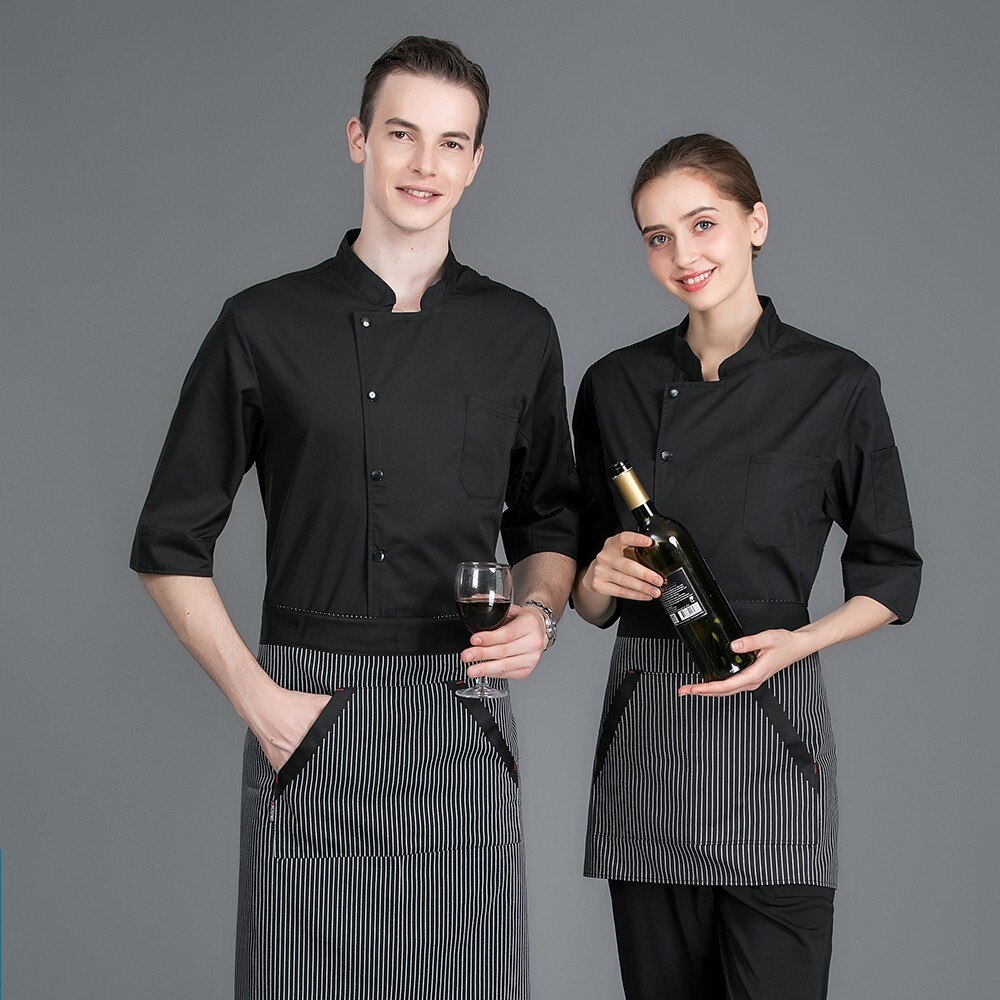 Kokkeuniform syvkvarters ærme ensfarvet unisex tryk køkkenjakke catering hotel barberer tjener arbejdsskjorte