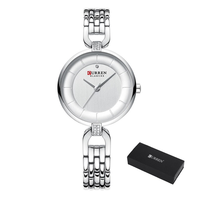 Curren zwarte dameshorloge met armband, luxe quartz analoog roestvrij staal, waterdichte dameshorloges: Zilver met doosje