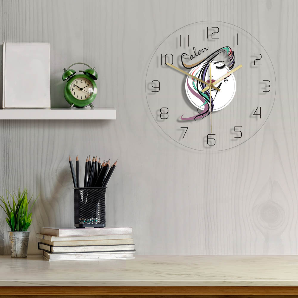 Barber Shop Salon Hairdresser Transparent Acrylic Wall Clock Hair Stylist Wall Watch Art for Woman