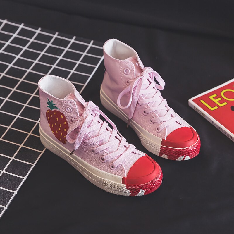 High top canvas sko til kvinder forår jordbær sko grønne blade skateboard sko udendørs fodtøj smarte sneakers