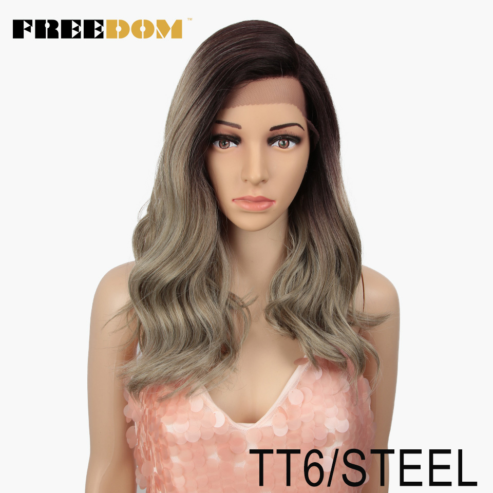 Vrijheid Synthetische Lace Pruik 20 Inche Body Wave Ombre Blond 613 Asymmetrie Pruiken Voor Zwarte Vrouwen Hittebestendige Mode Pruik: TT6-STEEL