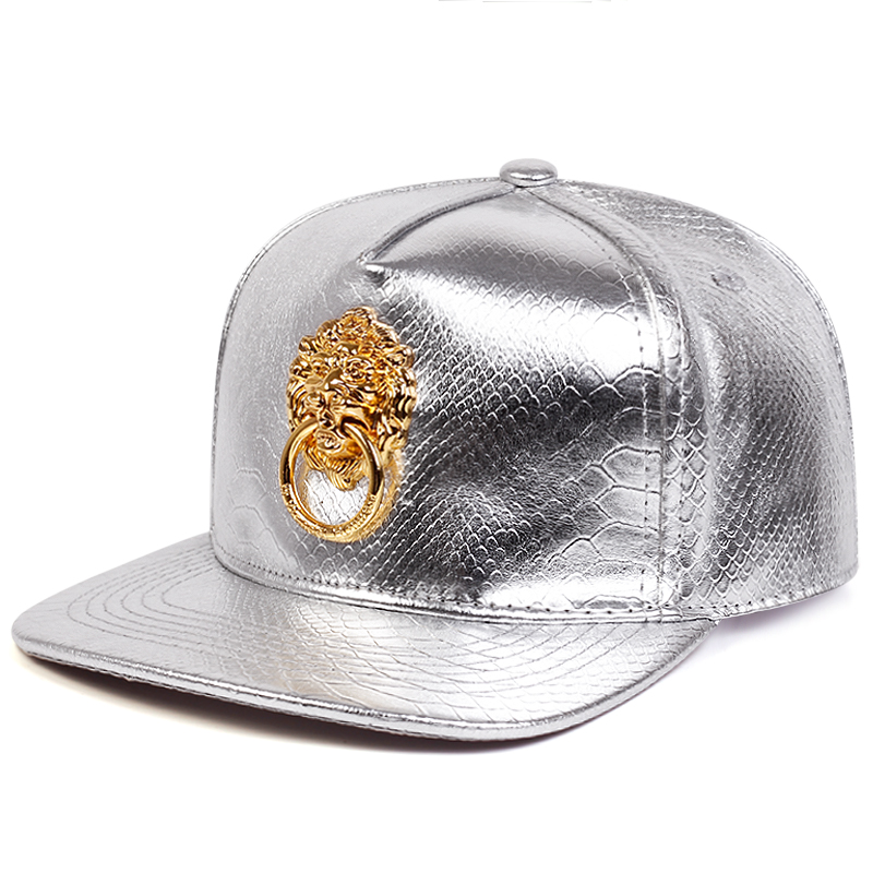 Snapback Men Flat Baseball Cap Golden Lion Loop Multi Color Figure PU Leather Hip Hop Cap Punk Casual Street Trend Caps: Silver
