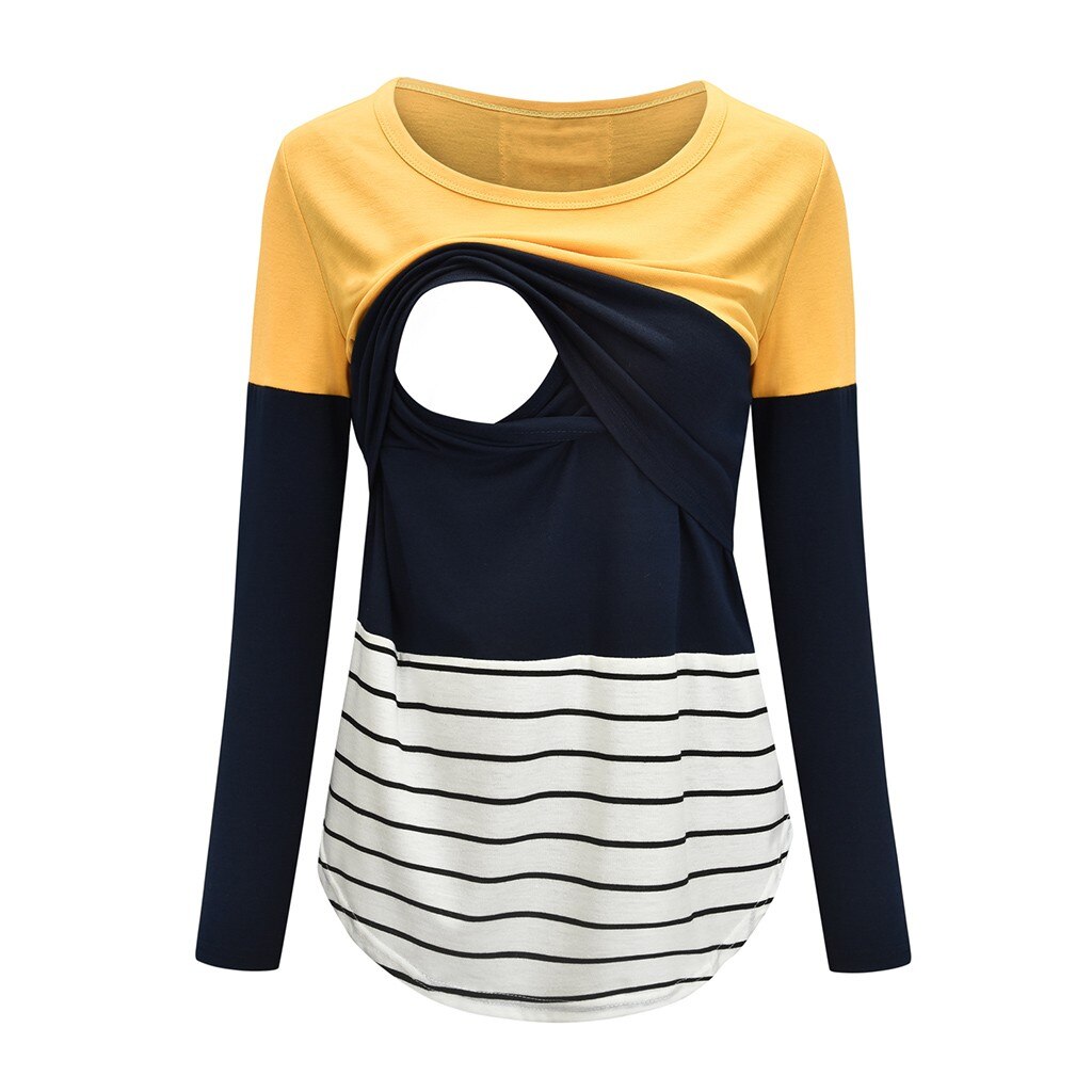 Kvinder mor gravid ammeoverdele langærmede t-shirt med stribet print barsel amme bluse tøj toppe sommer
