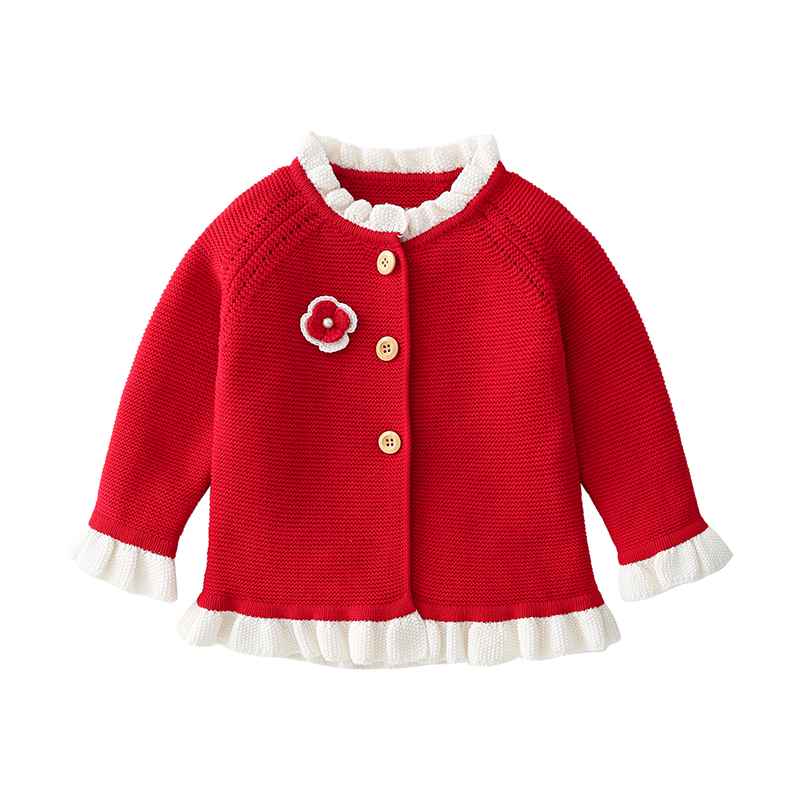 Angou Gebreide Baby Kleding Peuter Baby Meisje Jas Lange Mouwen Vest Zoete Kant Prinses Bloem Baby Baby Kleding Jas: BS7116 red / 3T-100