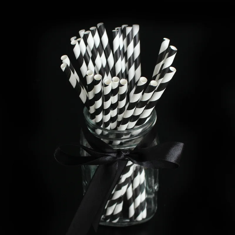 200 Biodegradable Paper Straws Assorted Rainbow Colors Striped Drinking Straws for Juice birthdays partys: black