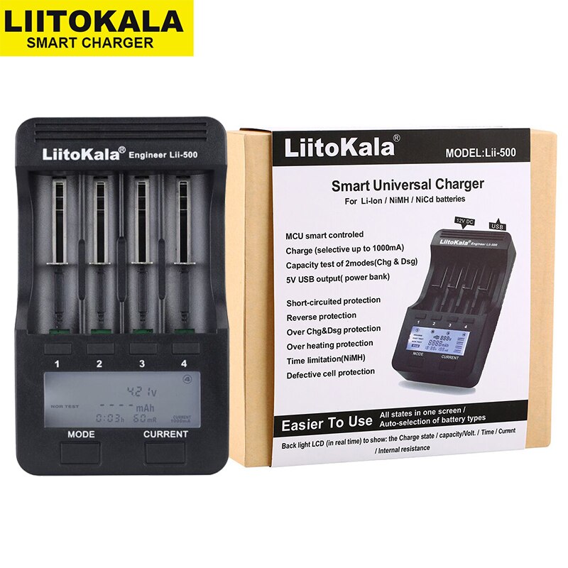 Liitokala Lii-500 Batterij Lader Met Lcd-scherm + 12V2A Adapter + Auto Chаrger 3.7V/1.2V Aa/aaa 18650/26650/16340/14500/10440/18500
