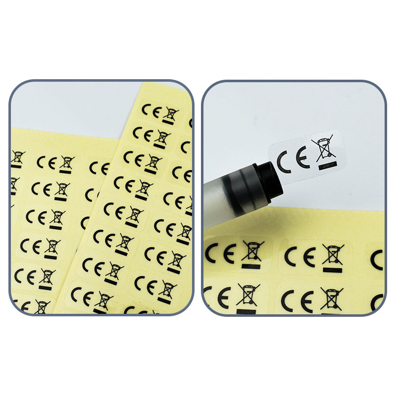 Etiqueta de cubo de basura CE estándar de la Unión Europea, logotipo de reciclaje WEEE, pegatina CE autoadhesiva transparente, 200 Uds.