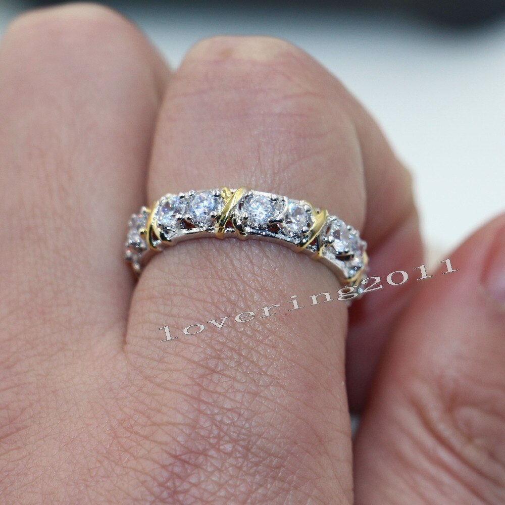 Handmade Across ring White Yellow Gold Filled AAAAA Zircon cz Wedding Band Rings for women Men Statement Party Jewelry