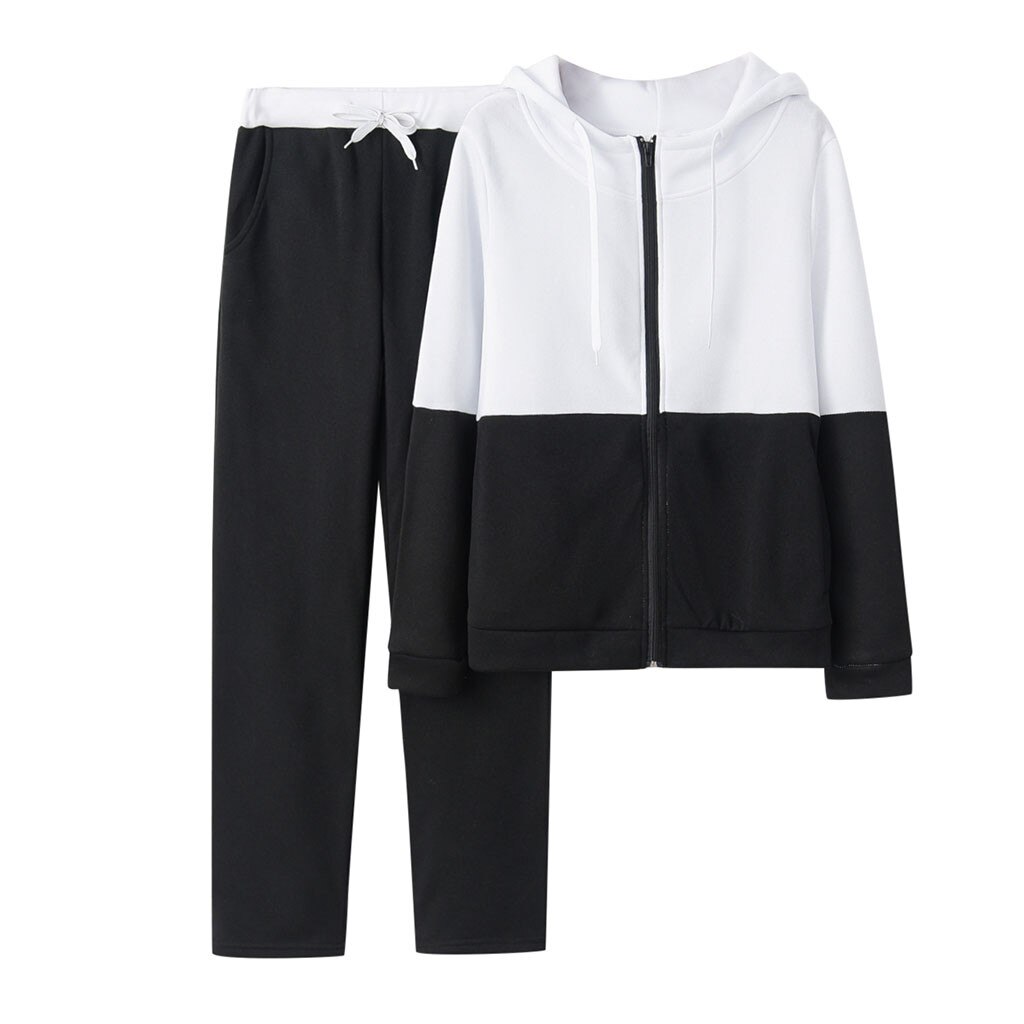 Vrouwen Effen Kleur Hooded Sweater en broek Trainingspak Sport Pak: Black / S
