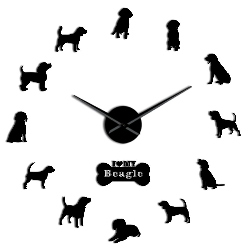 Marshall Beagle Portrait Oversized 3D DIY Wall Clock For Dog Lovers Quartz Acrylic Mirror Sticker Battery Operated Clock Watch: Black / 27inch