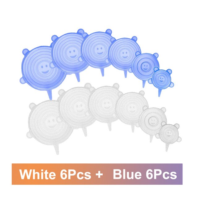 6/12pcs Food grade reusable silicone fresh-keeping cover Silicone Stretch Lids Universal Wrap Bowl Pot Lid Silicone Cover 5z: white 6pcs blue 6pcs