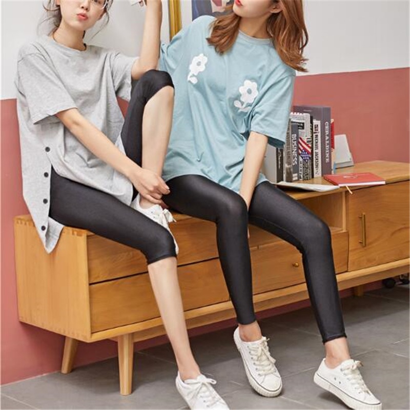 yuqung Black Womens Leggings shiny Lycra spandex legging workout Leggins Capris pants Fitness Nine Ankle length Pantalones