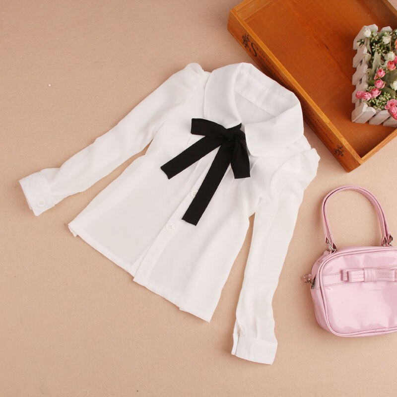 Blusas blancas de gasa para niñas, ropa escolar para adolescentes, camisetas de fondo para niñas, blusa negra con lazo y cuello vuelto.: Una sola capa / 14