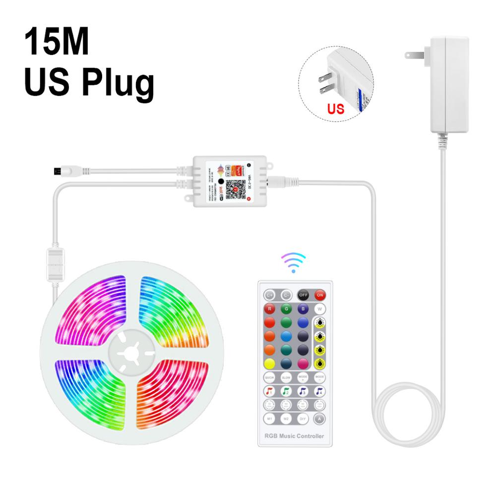 Wifi tuya smart musik led strip lys tv baggrundsbelysningssæt med alexa google home 5050 rgb dæmpbar 5m 10m 15m dc 12v stemmestyring: 15m sæt med os stik