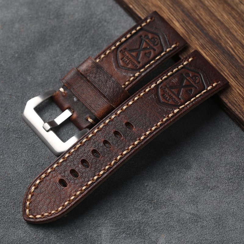 Handgefertigtes Echtleder-Uhrenarmband 20 22 24 26 mm Vintage Distressed First Layer Rindsleder Weiches Vintage-Armband für PAM111 441: Black Yellow / 22mm