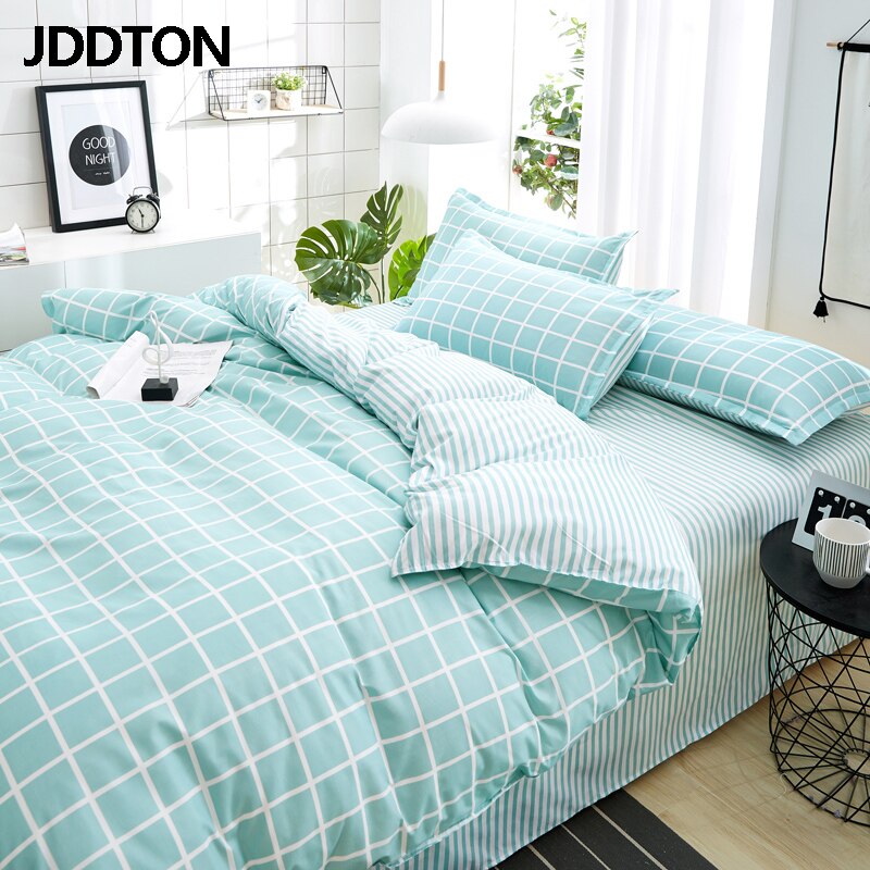 JDDTON Home Textile Fresh Mint Green Plaid Bedding Sets Bed Linen Duvet Cover Set AB Side Bed Sheet Pillowcase Cover BE088
