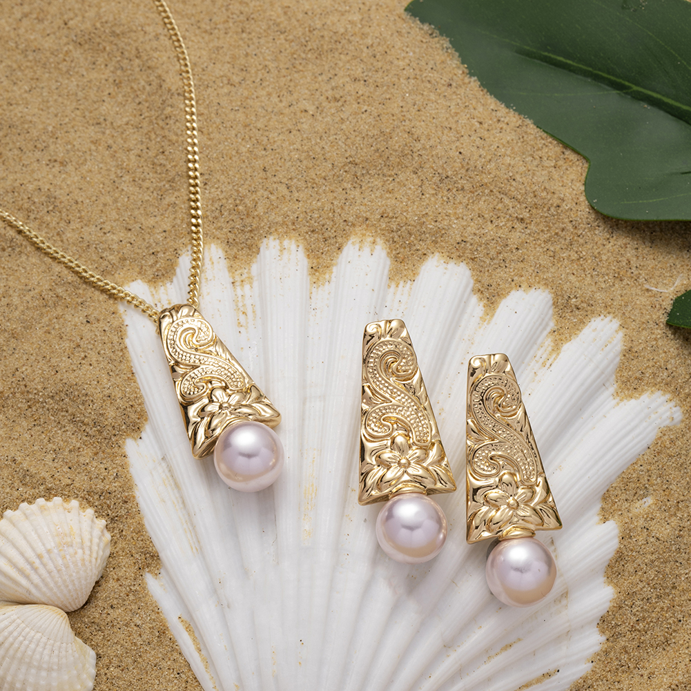 SophiaXuan Hawaiian Jewelry Set Pink Pearl Necklace Polynesian Necklace Samoa Gold Plated Earrings Set for Women: ZH0310GOPK