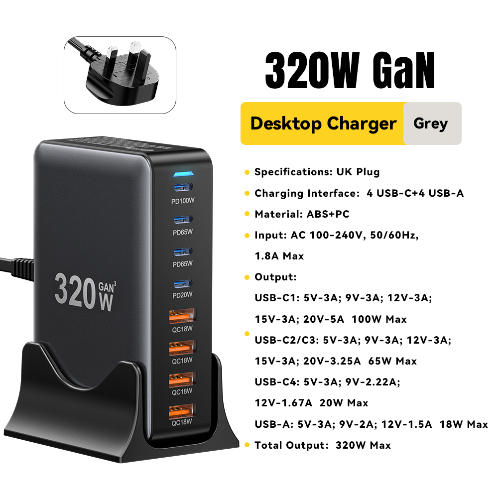 Essager 320W GaN Multi-function Charger USB Type C Desktop Charging Station PD 100W Fast Charging For iPhone iPad Mac Book Lapto: UK