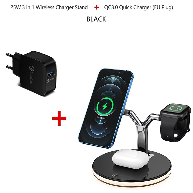 25w 3 in- 1 magnetisches kabelloses lade-nachtlicht für iphone 12 pro max 11 x kabelloses laden für apple watch 6 5 airpods /2 4: Schwarz und  qc3.0