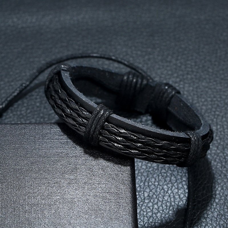 Handgemaakte Gevlochten Mannen Armband Vintage Black Leather Wrap Armbanden Voor Mannelijke Sieraden